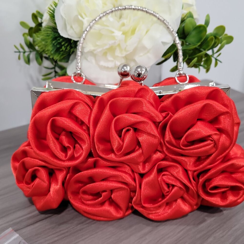 Elegant RED Satin Roses Clutch Purse Handbag w/ Rhinestone Handle & Chain  NEW